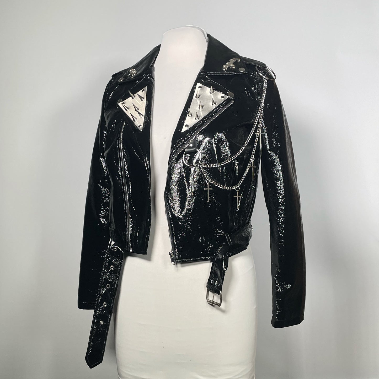 Black PVC Vinyl Goth Rock Moto Jacket with Bats and Spikes