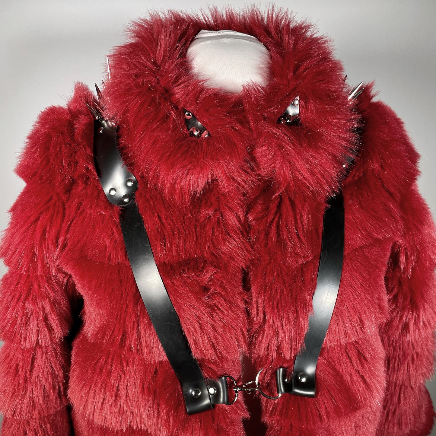 Red Faux Fur Cropped Jacket with Black Spiked Harness