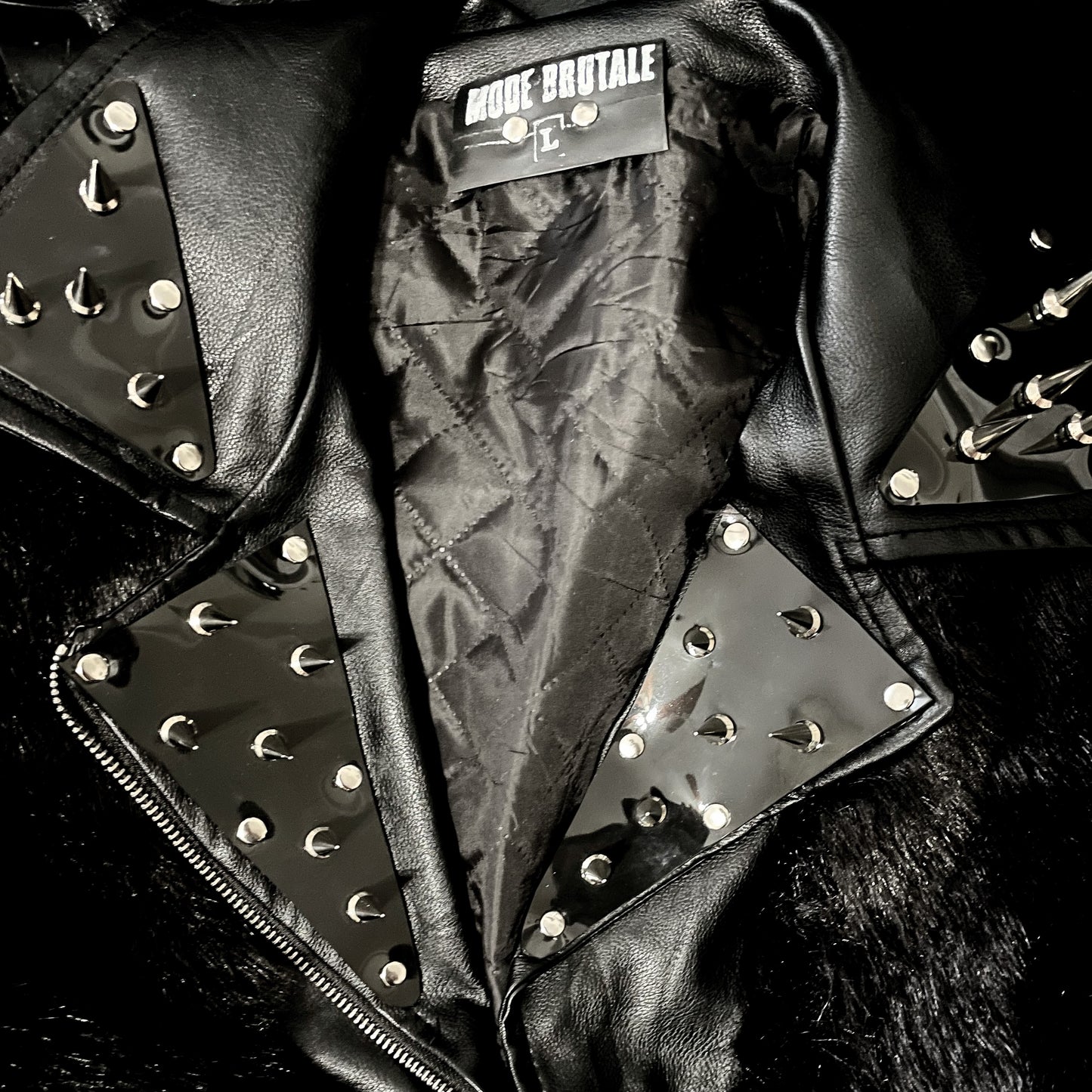 Black Pleather and Faux Fur Jacket with PVC Spiked Lapels and Harness Shoulders