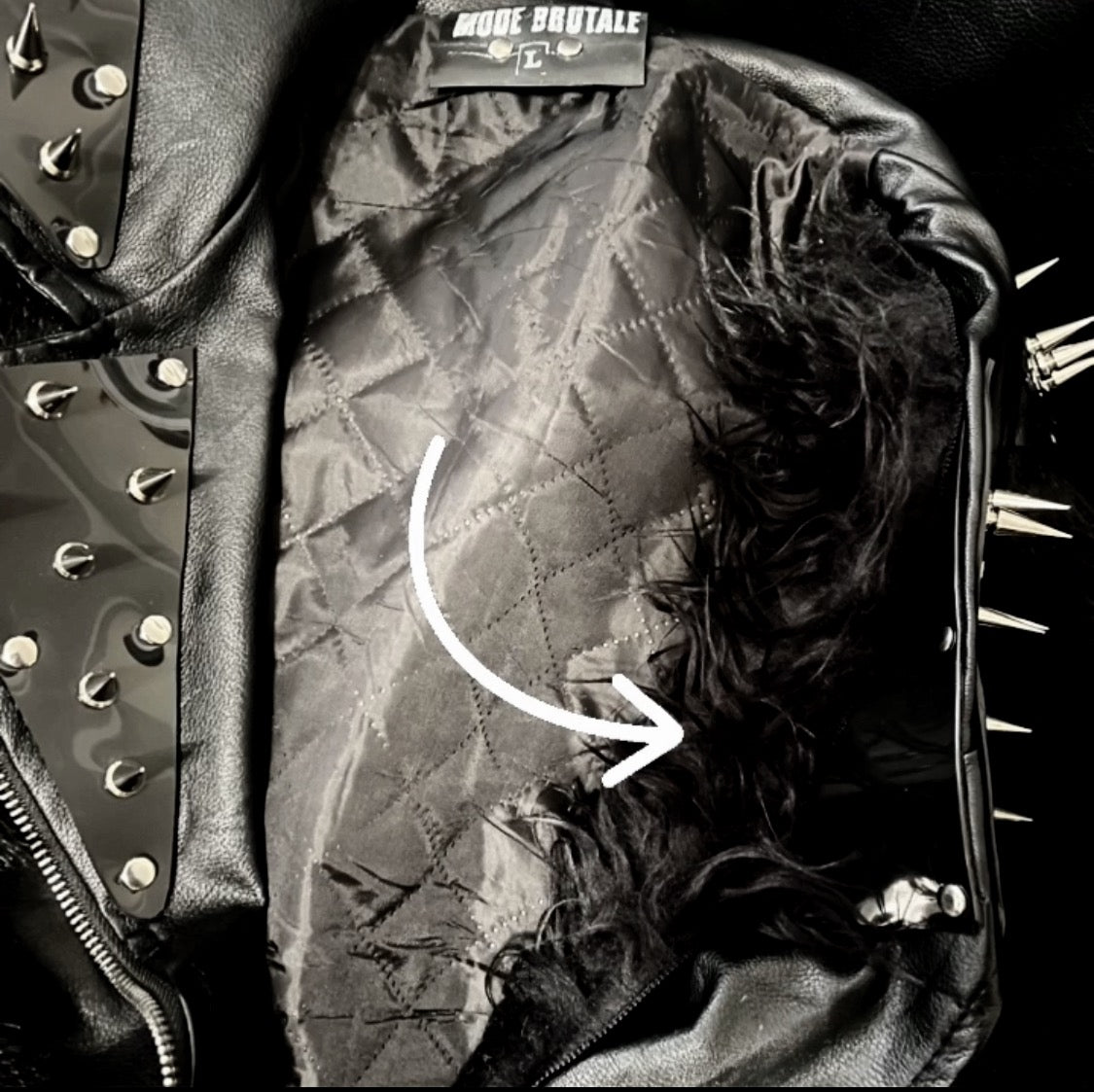 Black Pleather and Faux Fur Jacket with PVC Spiked Lapels and Harness Shoulders