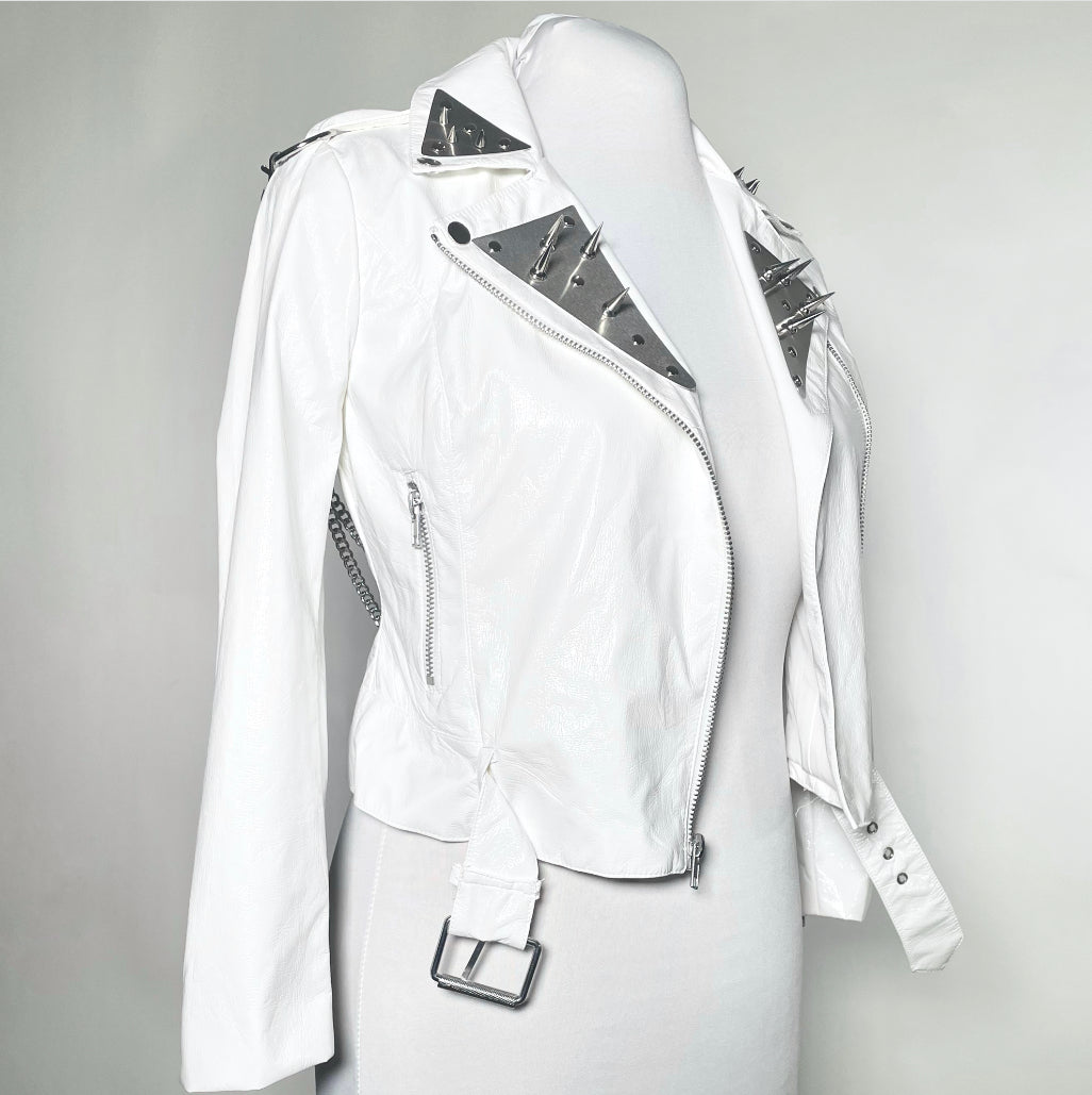 White PVC Shiny Moto Jacket with Metal, Spikes and Chain-SAMPLE