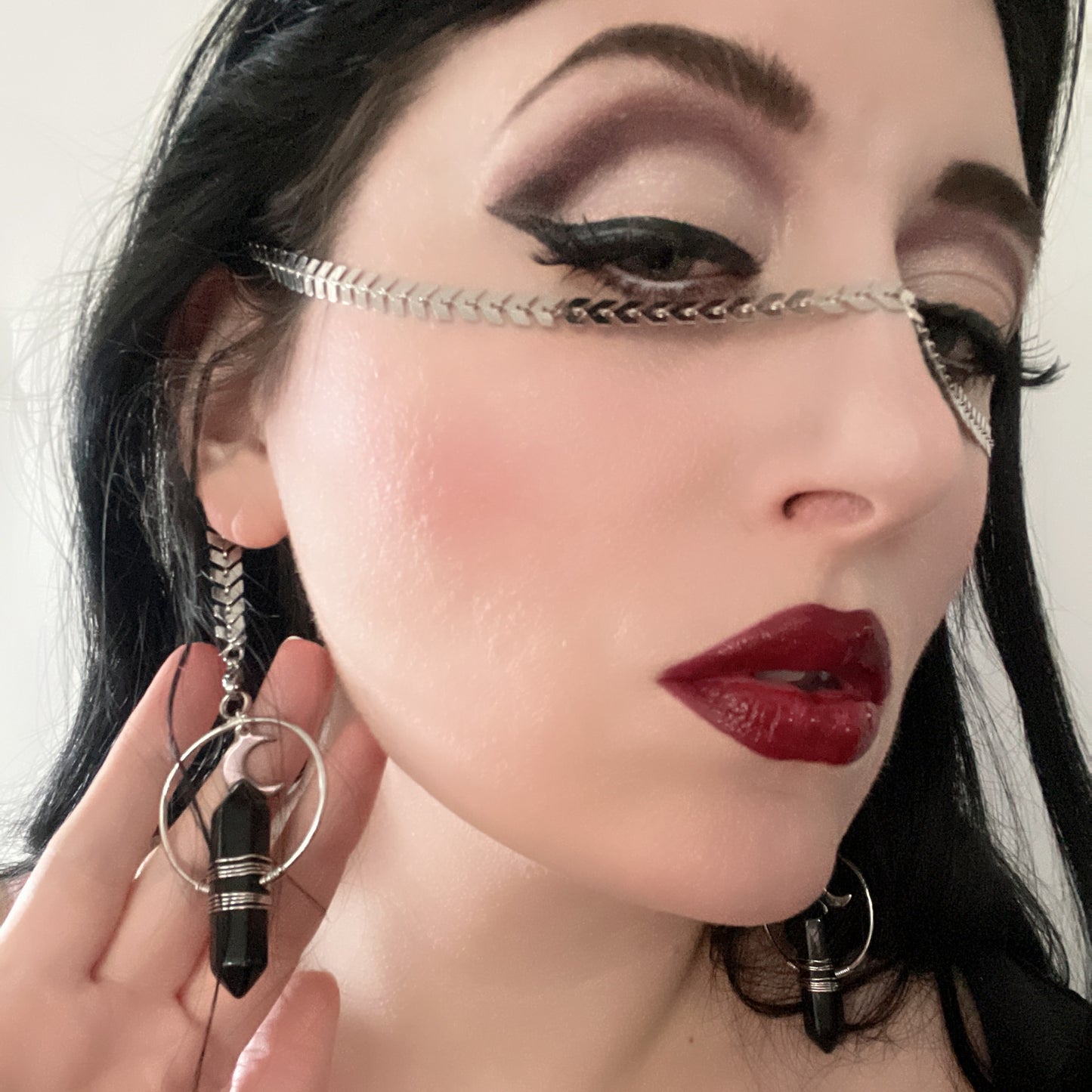 Obsidian black and silver moon face chain