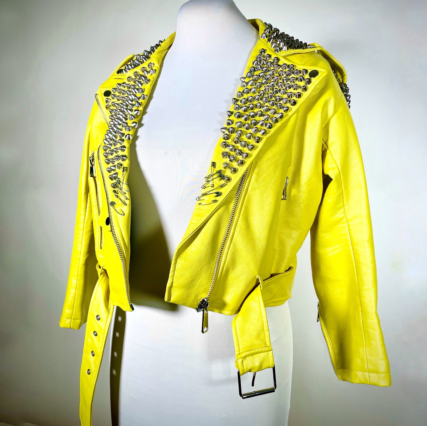 Yellow moto jacket with studs crosses chains tradgoth goth industrial cyberpunk punk deathrock