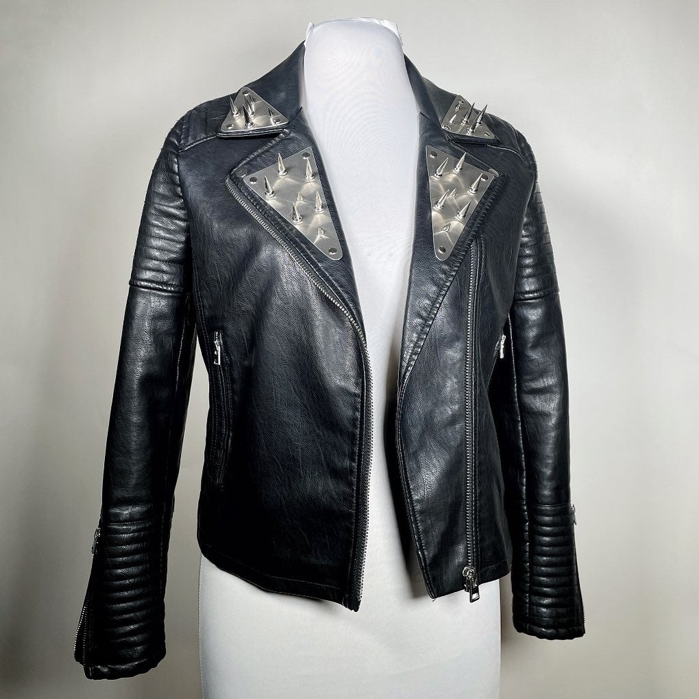 Black Pleather Moto Jacket with Metal Plating and Spikes