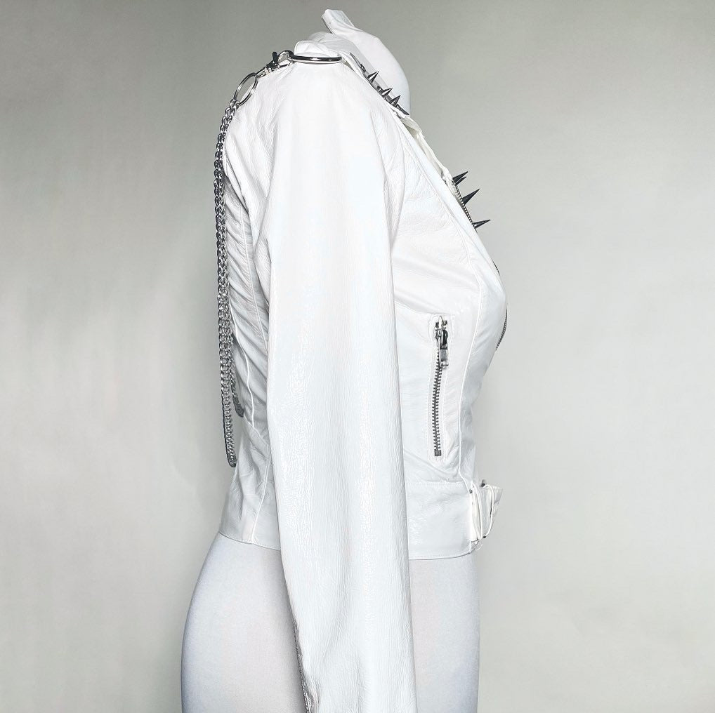White PVC Shiny Moto Jacket with Metal, Spikes and Chain-SAMPLE