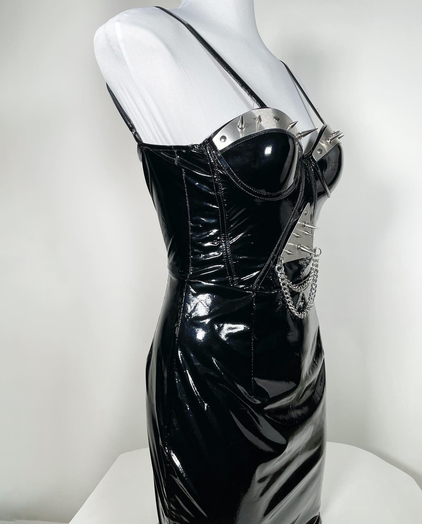 Black Vinyl PVC Midi Dress with Metal Spiked Plating