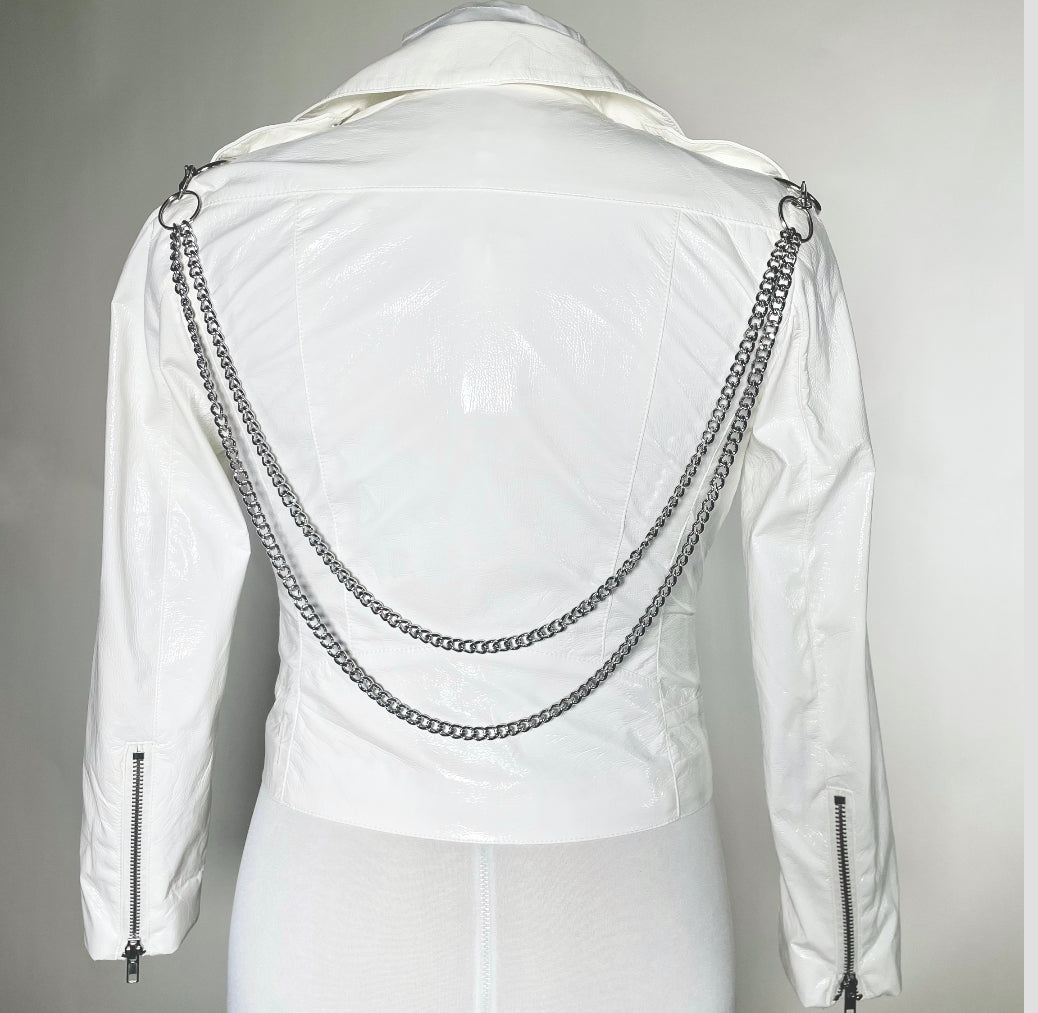 White PVC Shiny Moto Jacket with Metal, Spikes and Chain-SAMPLE