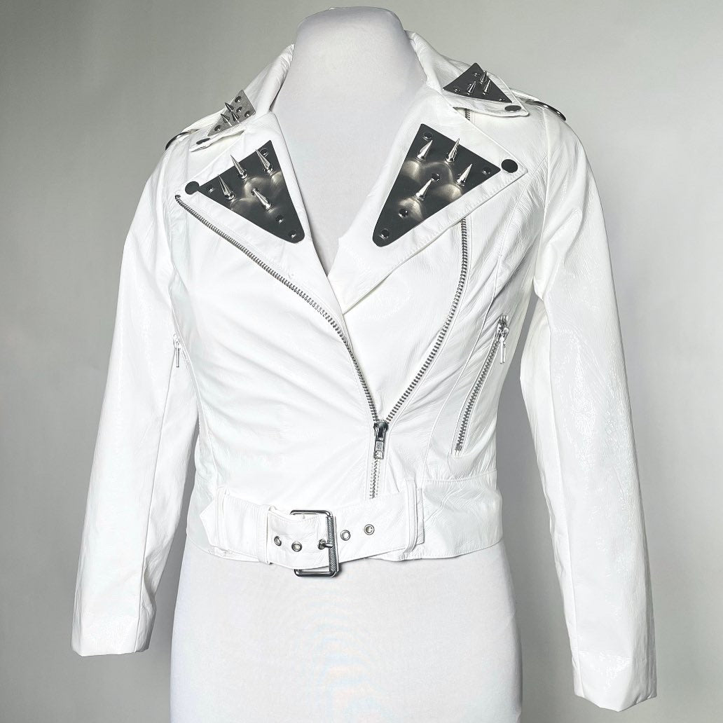 White PVC Shiny Moto Jacket with Metal, Spikes and Chain-SAMPLE