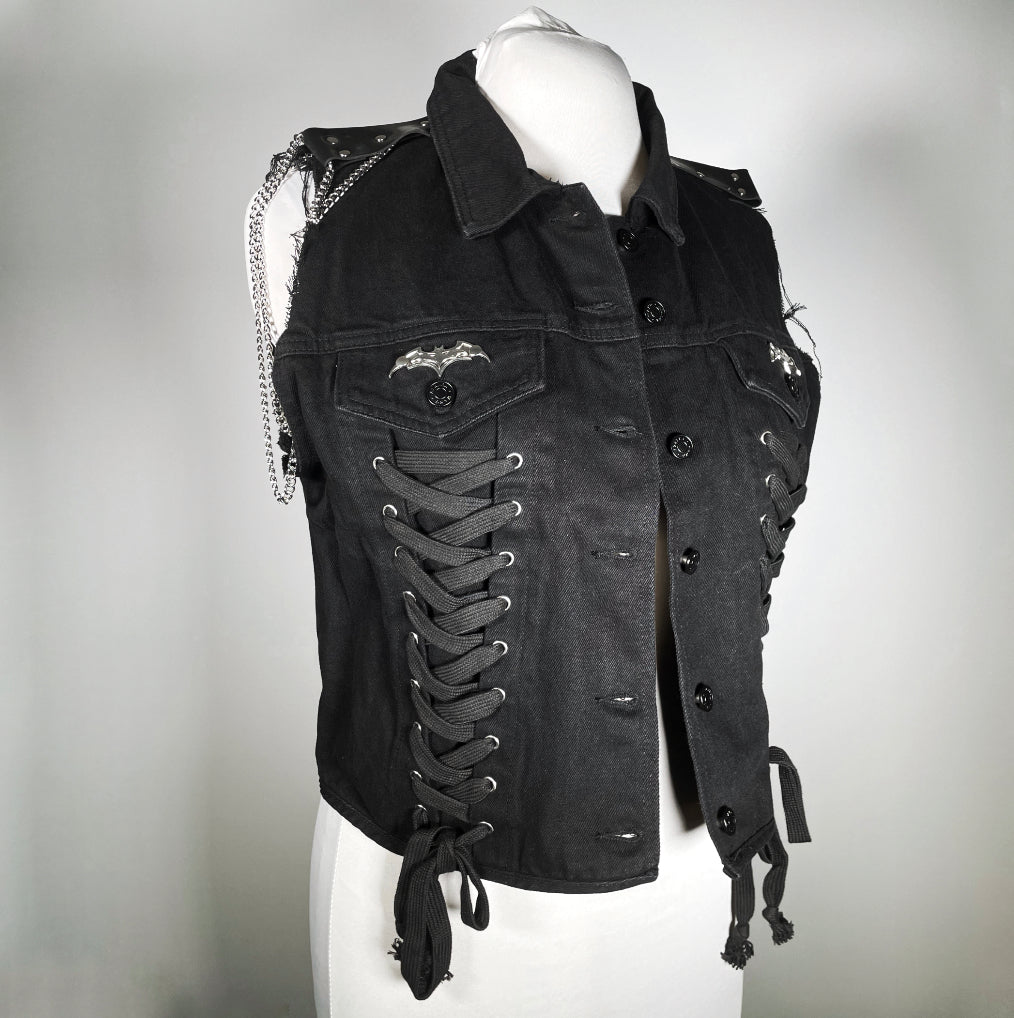 Black Denim Trad Goth Vest (or Jacket) Mode Brutale Black Denim Trad Goth Vest (or Jacket) Mode Brutale