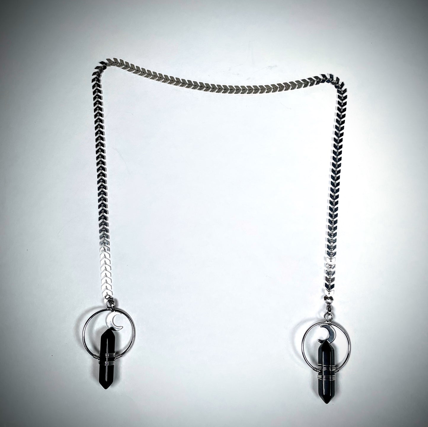 Obsidian black and silver moon face chain