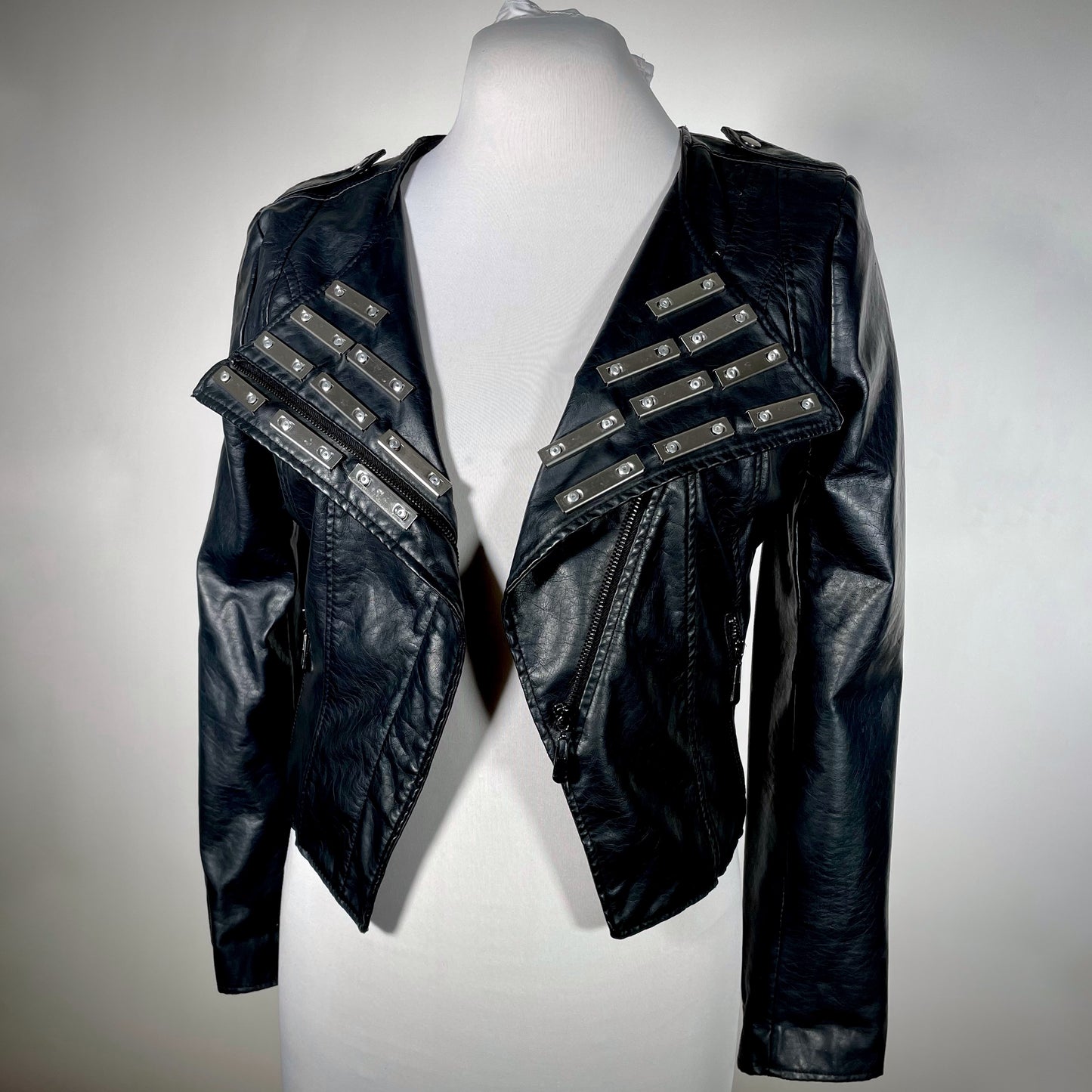 Black pleather moto jacket with metal hardware goth punk tradgoth cyberpunk industrial