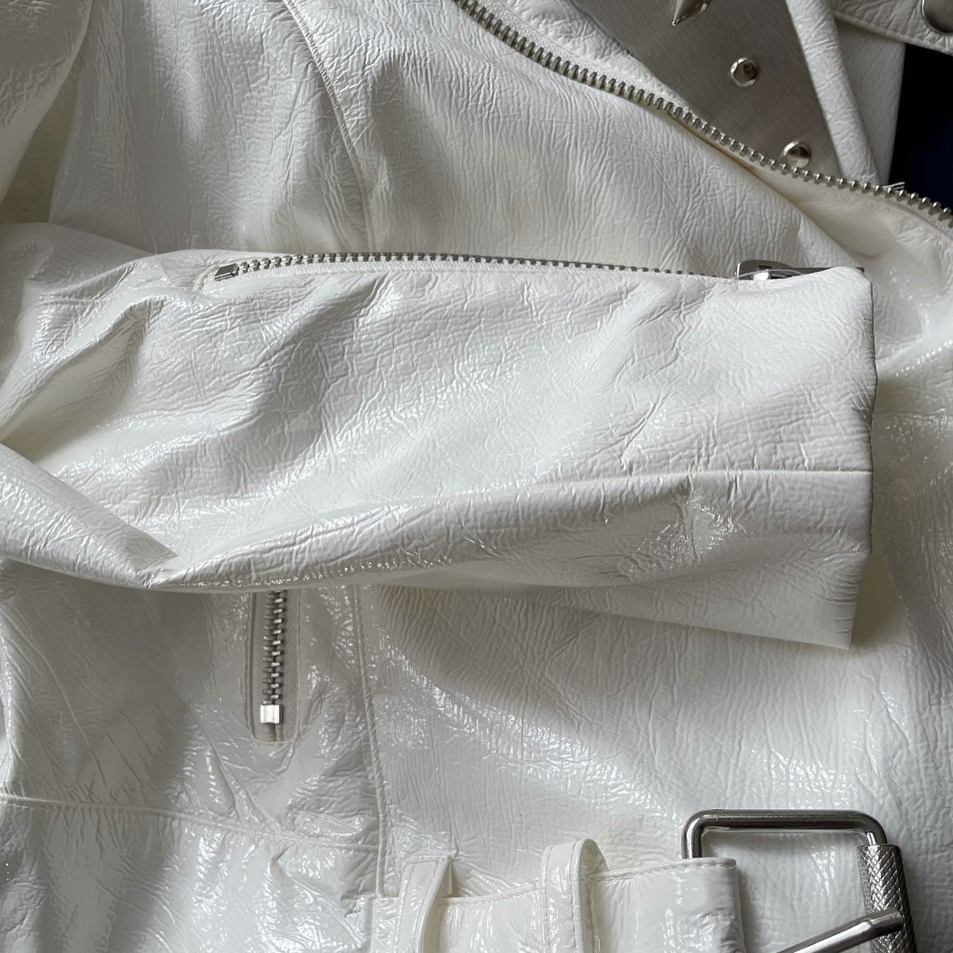 White PVC Shiny Moto Jacket with Metal, Spikes and Chain-SAMPLE