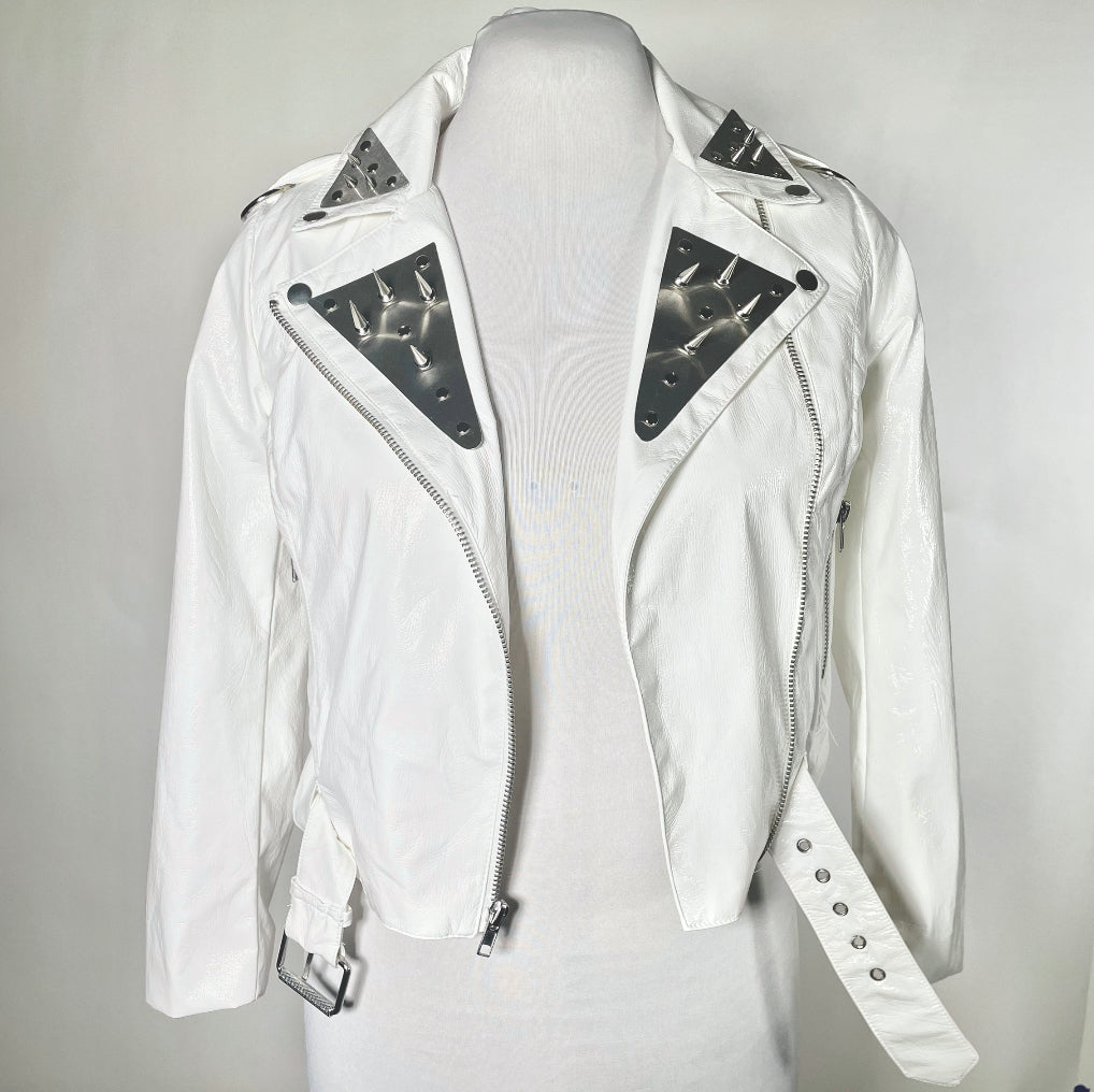 White PVC Shiny Moto Jacket with Metal, Spikes and Chain-SAMPLE