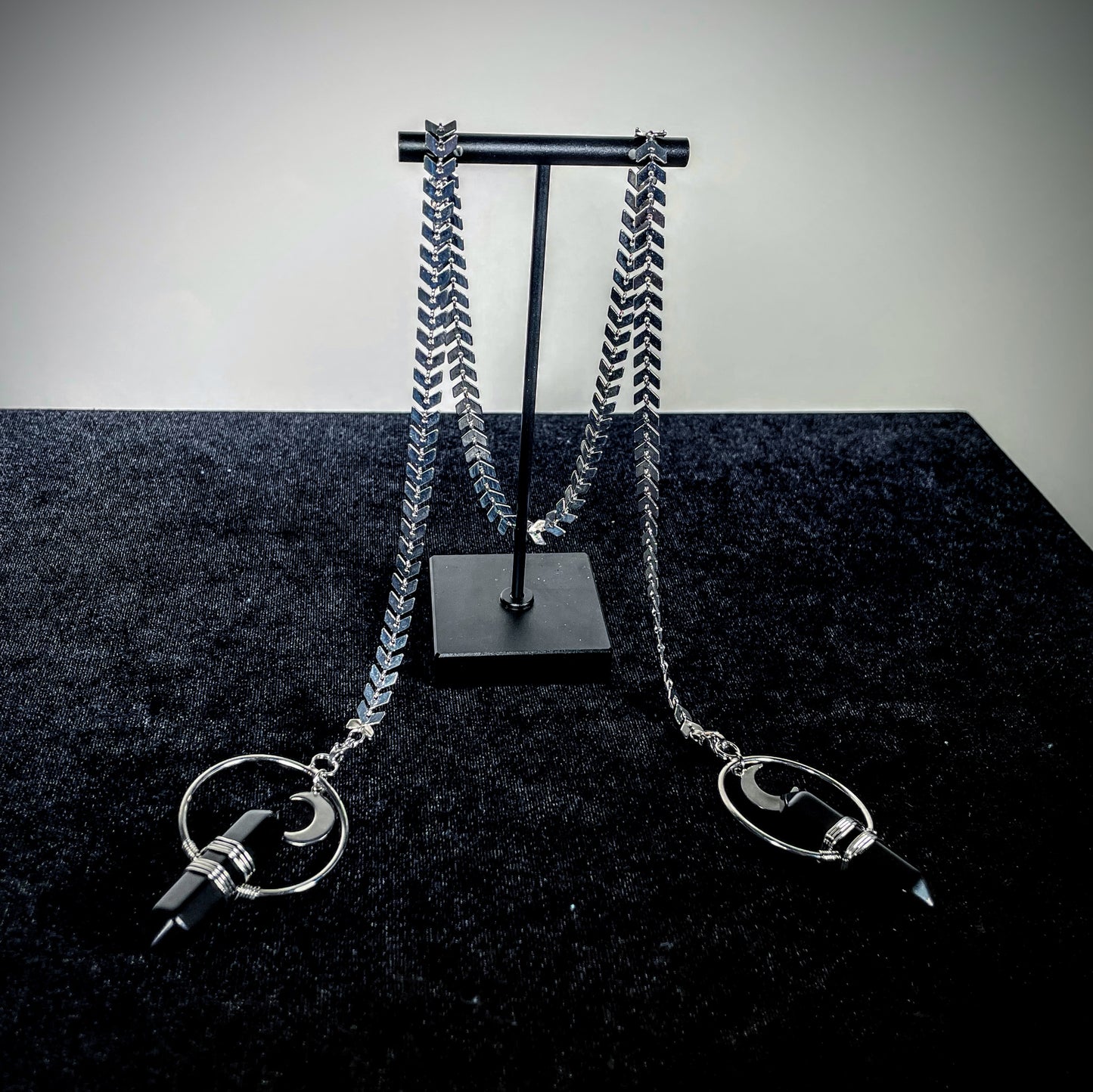 Obsidian black and silver moon face chain