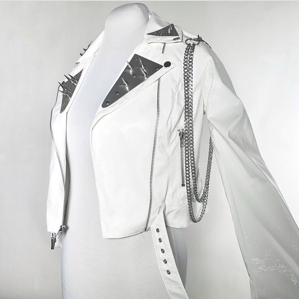 White PVC Shiny Moto Jacket with Metal, Spikes and Chain-SAMPLE