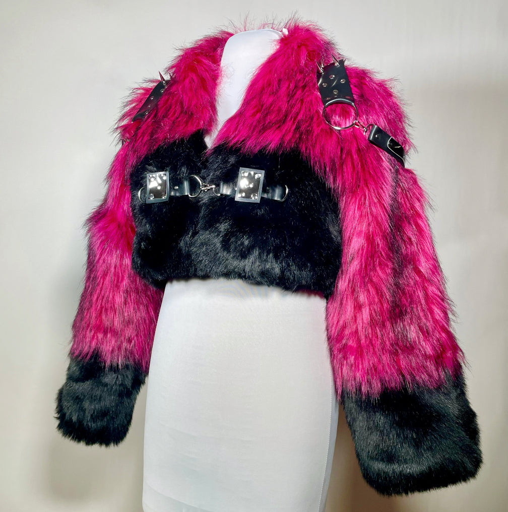 Hot Pink and Black Faux Fur Coat with Metallic Silver and Black Harness