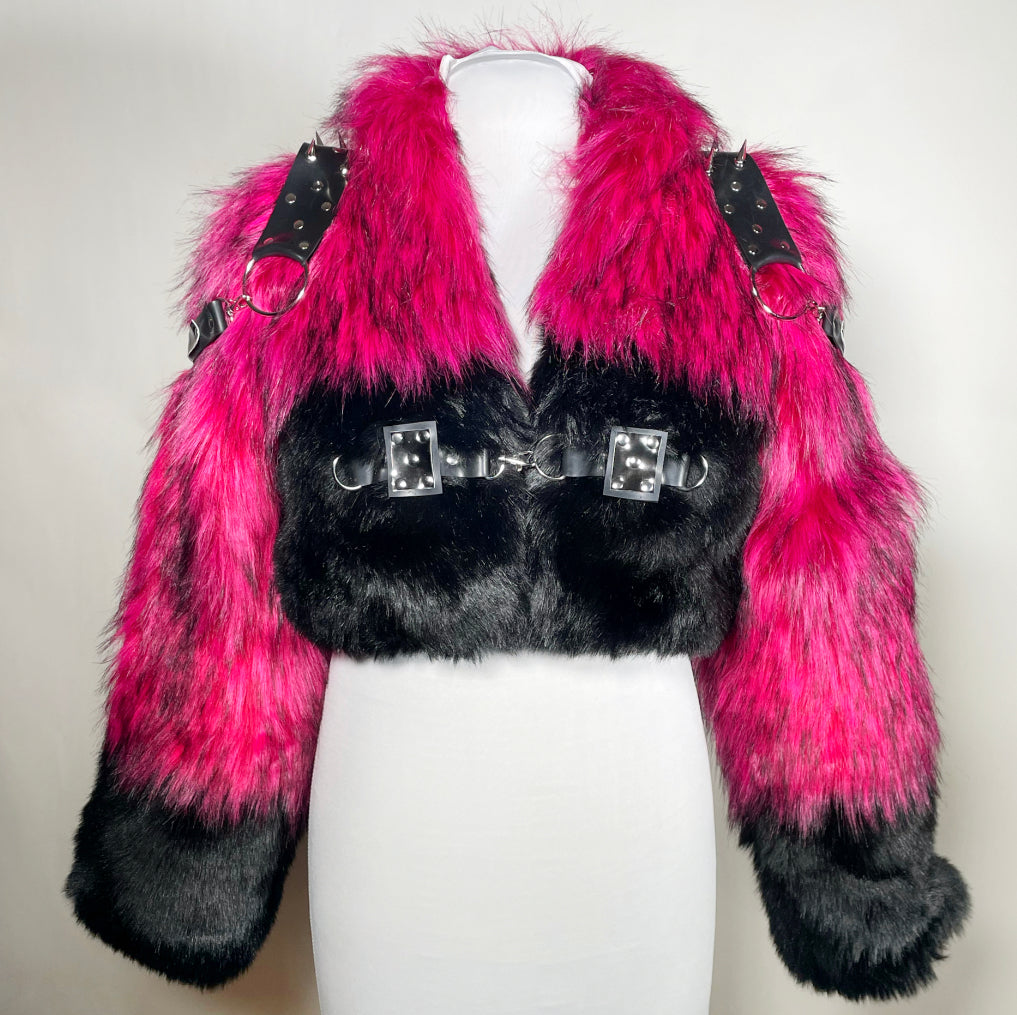 Hot Pink and Black Faux Fur Coat with Metallic Silver and Black Harness