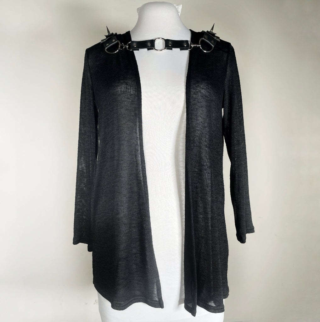 Black Sheer Cardigan Sweater with Rubber Spiked Harness