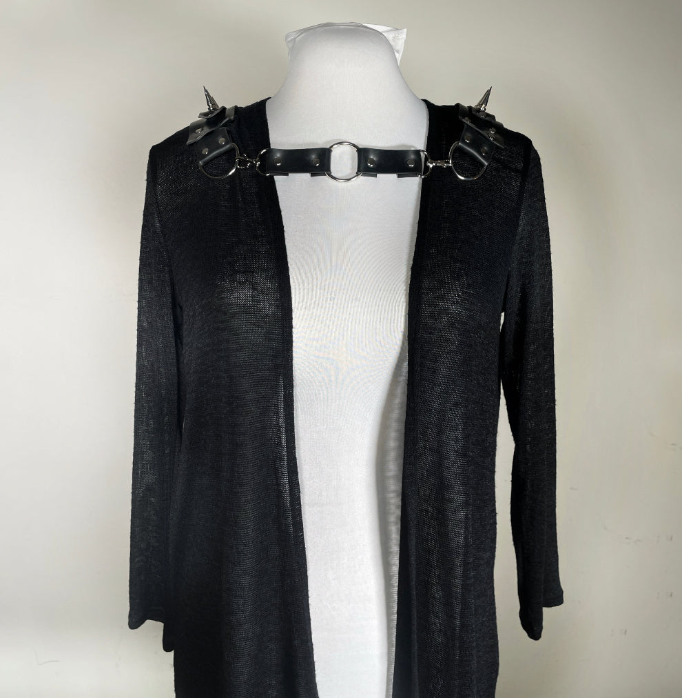Black Sheer Cardigan Sweater with Rubber Spiked Harness