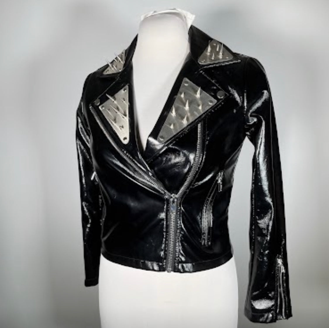Vinyl PVC moto jacket with metal plating and spikes 