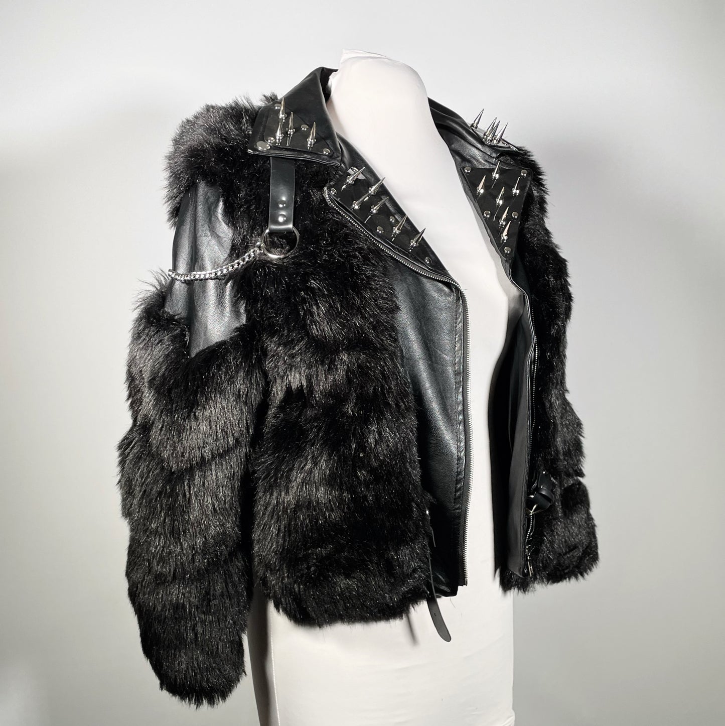 Black Pleather and Faux Fur Jacket with PVC Spiked Lapels and Harness Shoulders