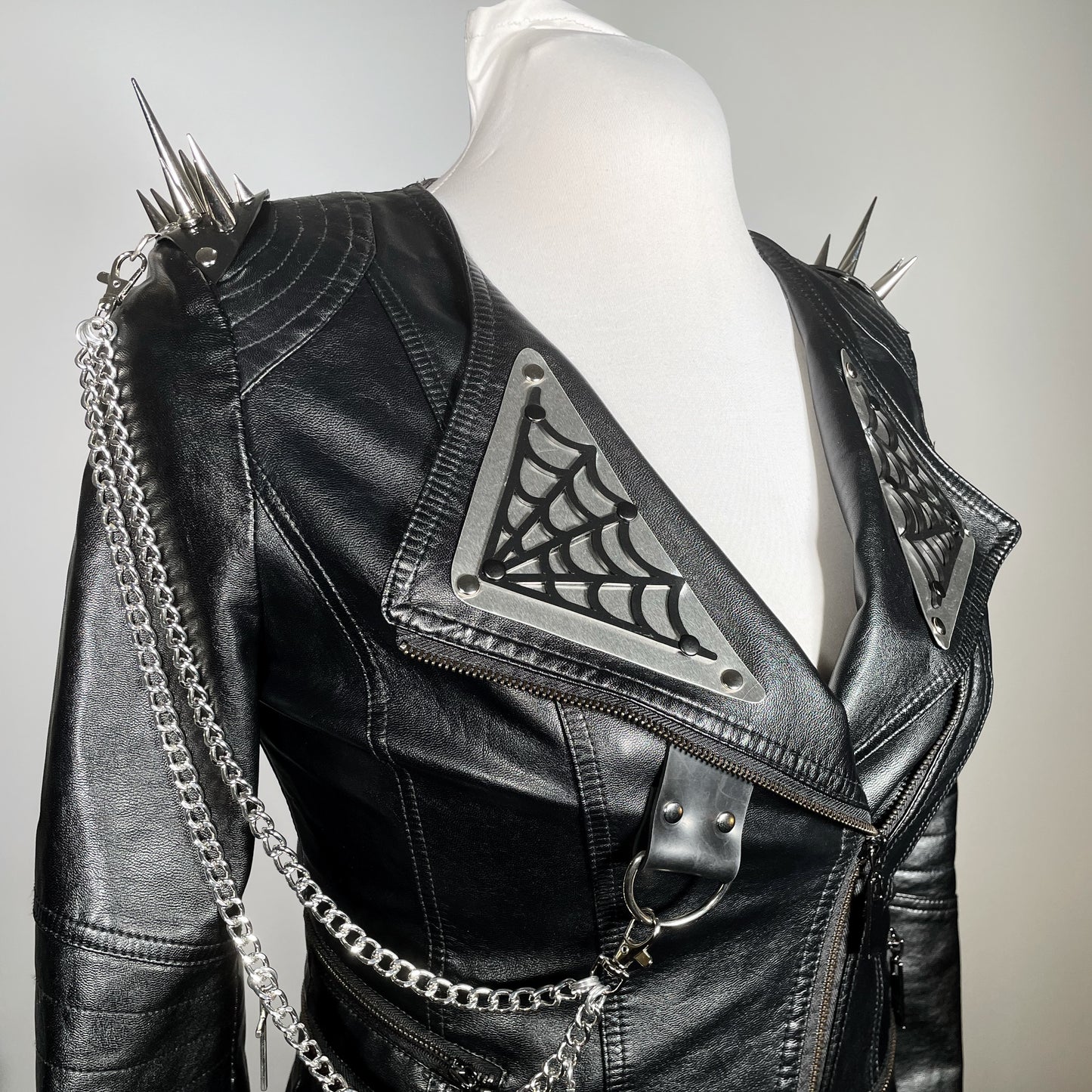 Black Pleather Moto with Metal Plating, PVC Spiderwebs, Spiked Shoulders and Chains with Crosses
