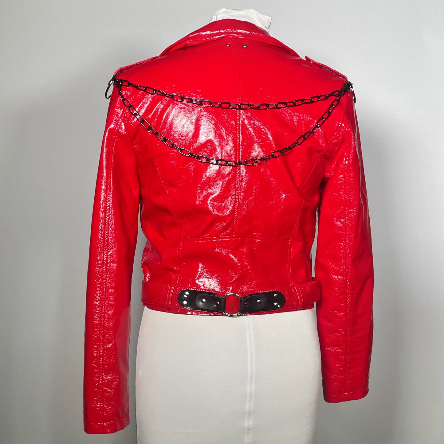 Red PVC Vinyl Goth Moto Jacket with Black PVC Cross, Collar and Black Chains