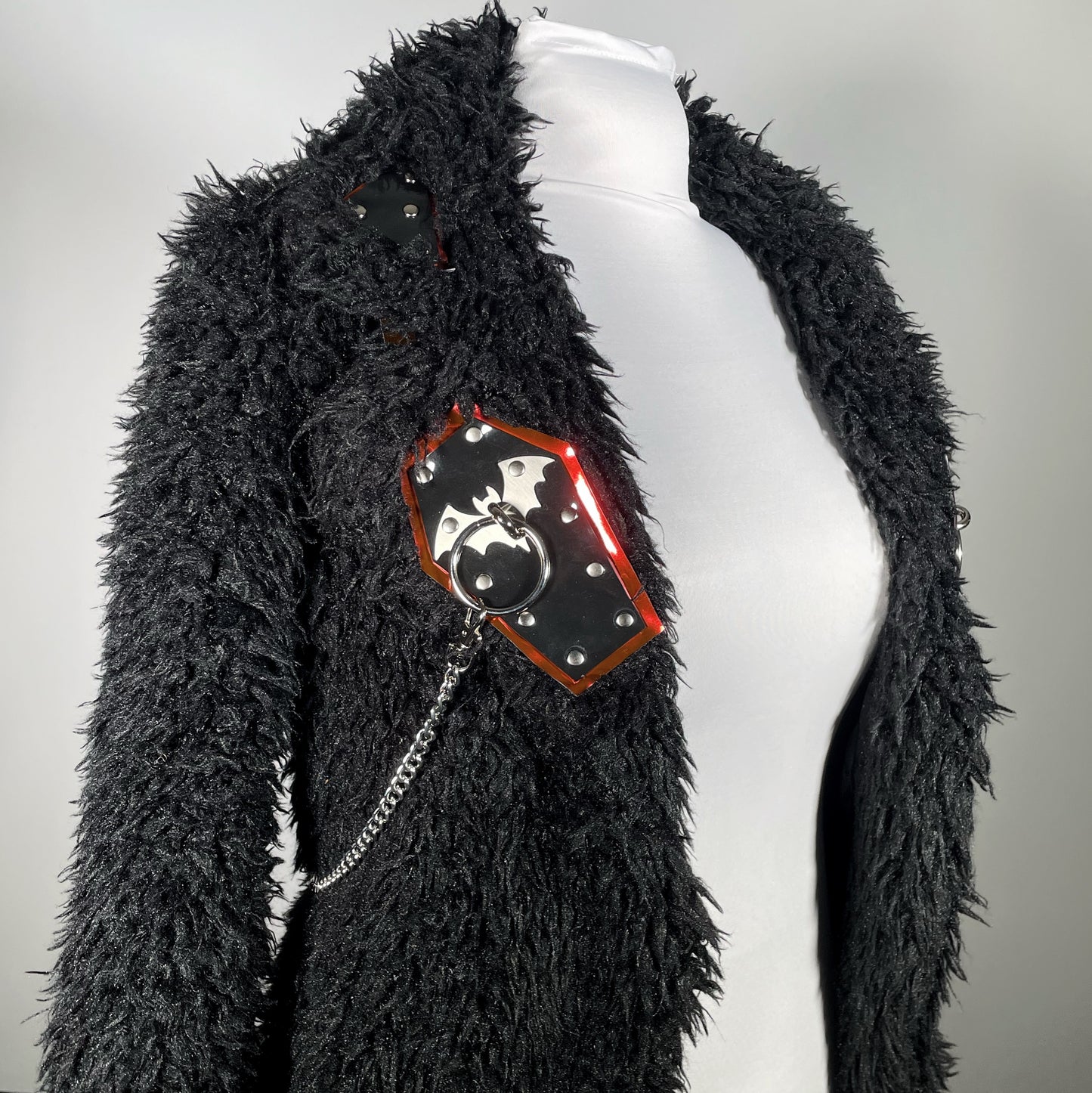 Black Faux Fur Coat w/ PVC Coffin with Stainless O-ring Bat and Removable Chain Harness