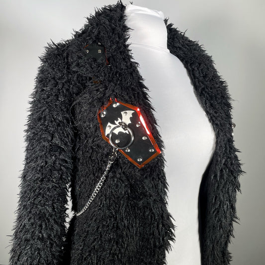 Black Faux Fur Coat w/ PVC Coffin with Stainless O-ring Bat and Removable Chain Harness