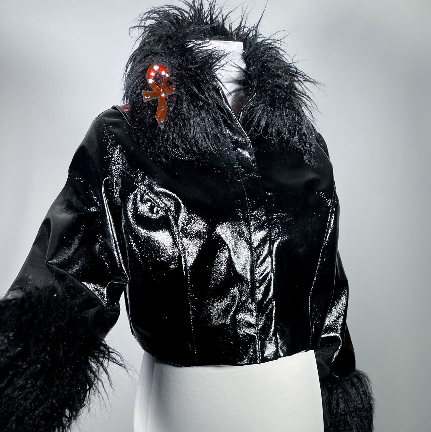 Black Vampire Ankh PVC Moto Jacket with Faux Fur