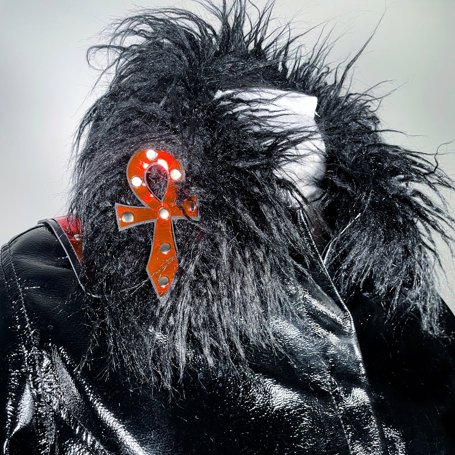 Black Vampire Ankh PVC Moto Jacket with Faux Fur