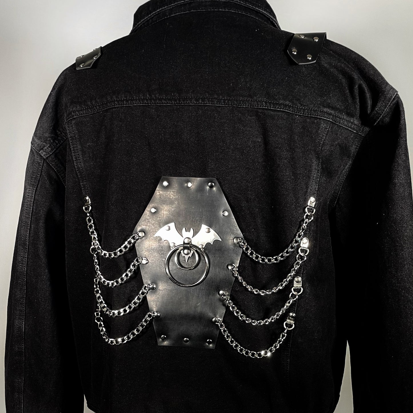 Black Denim Jacket with Stainless O-ring Bats and Coffin Chain Back