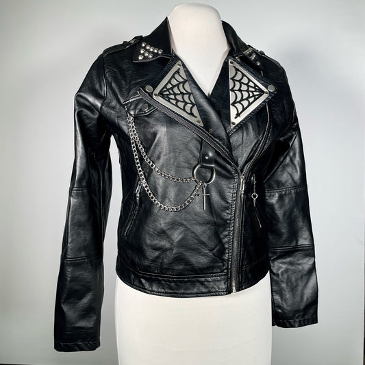 Black Pleather Moto with Metal Plating, PVC Spiderwebs, Studded Lapel and Chains with Cross