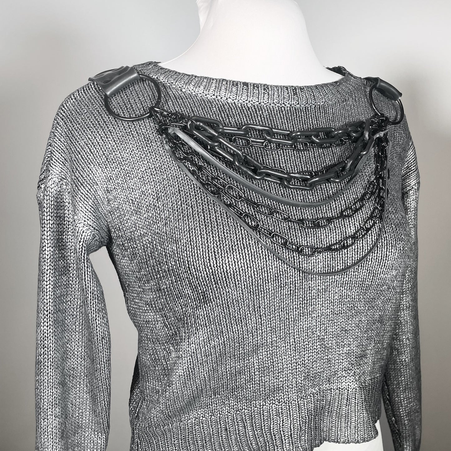 Metallic Silver Sweater with Black Chains