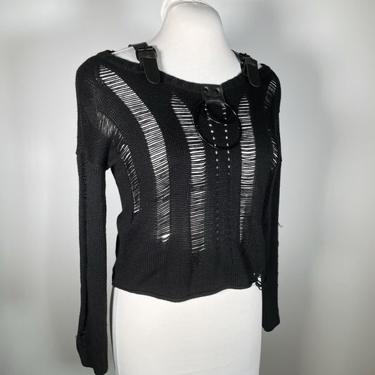 Black Distressed Sweater with Black Rubber and Black Hardware Accents