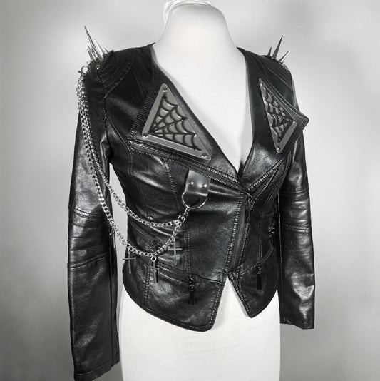 Black Pleather Moto with Metal Plating, PVC Spiderwebs, Spiked Shoulders and Chains with Crosses