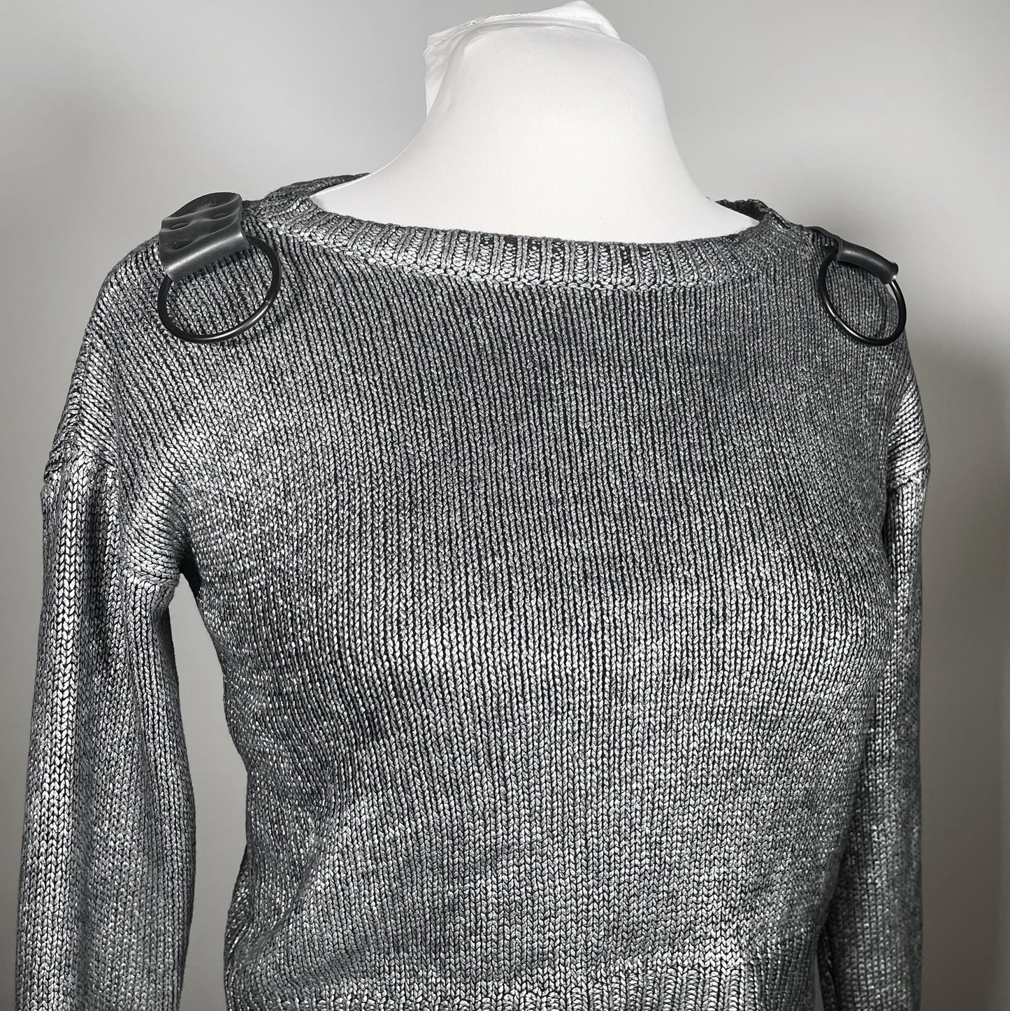 Metallic Silver Sweater with Black Chains