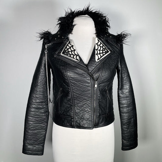 Black Pleather Moto with Metal Plating, PVC Spiderwebs, Faux Fur Trim and Chains