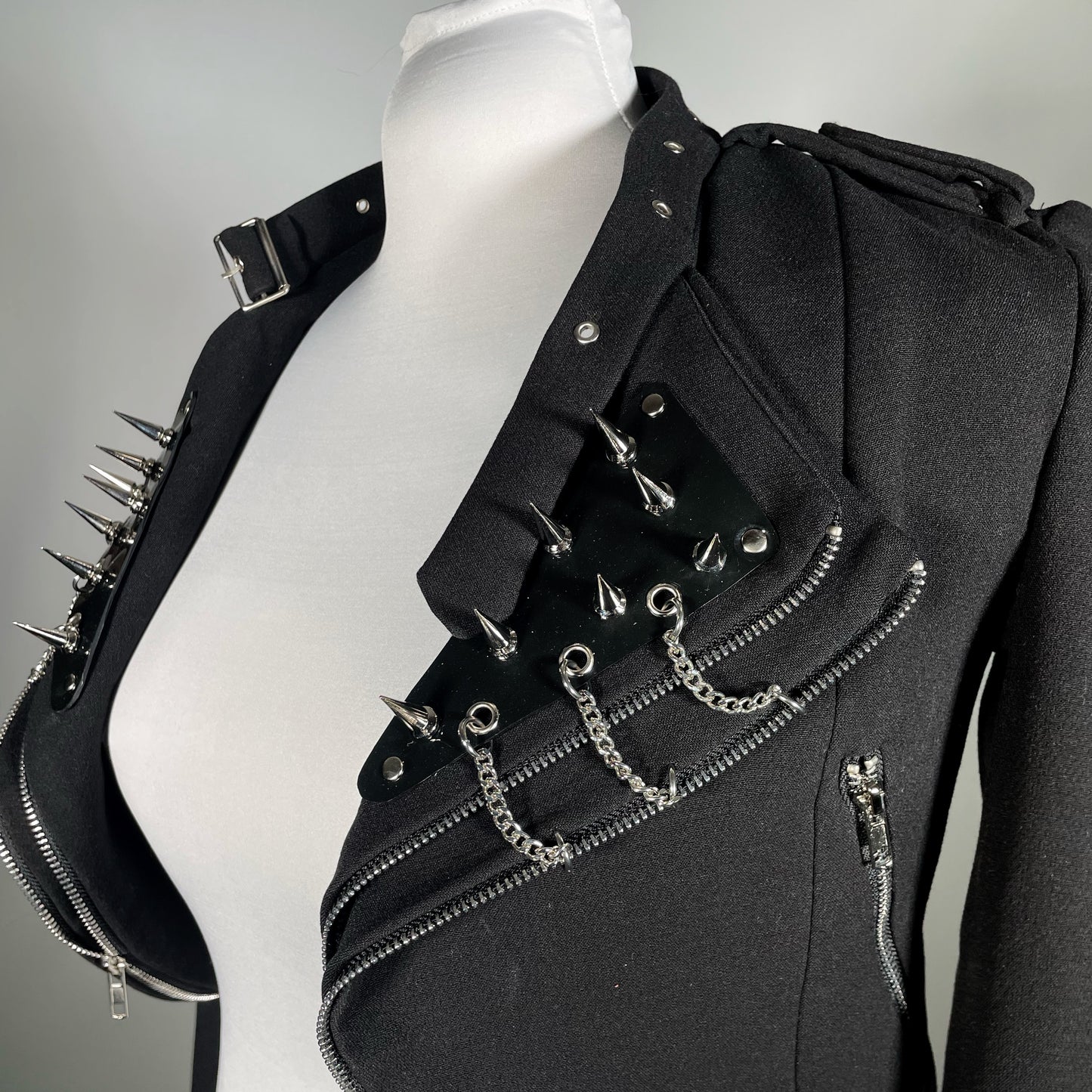 Black Fabric Lightweight Cropped Moto with PVC Spiked Lapel and Chains