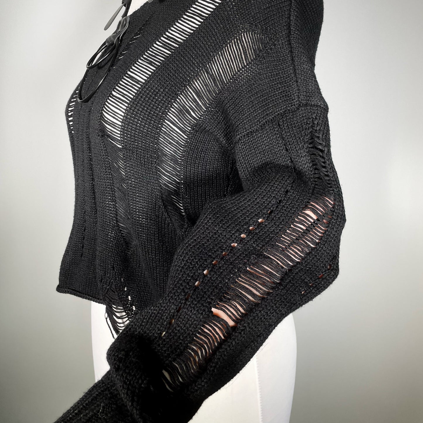 Black Distressed Sweater with Black Rubber and Black Hardware Accents