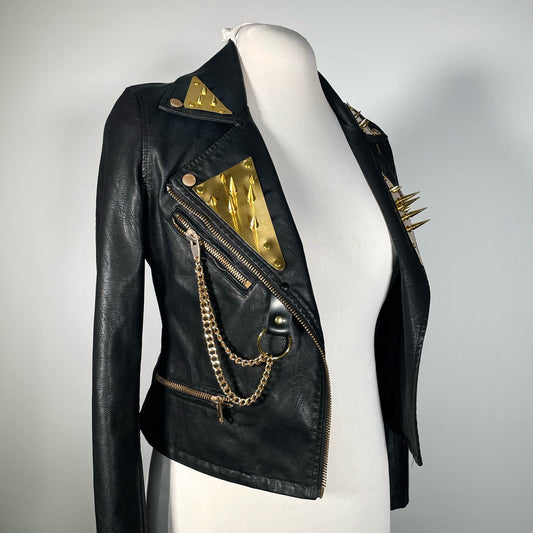 Black Pleather Moto Jacket with Gold Plating, Spikes and Chains (Small)