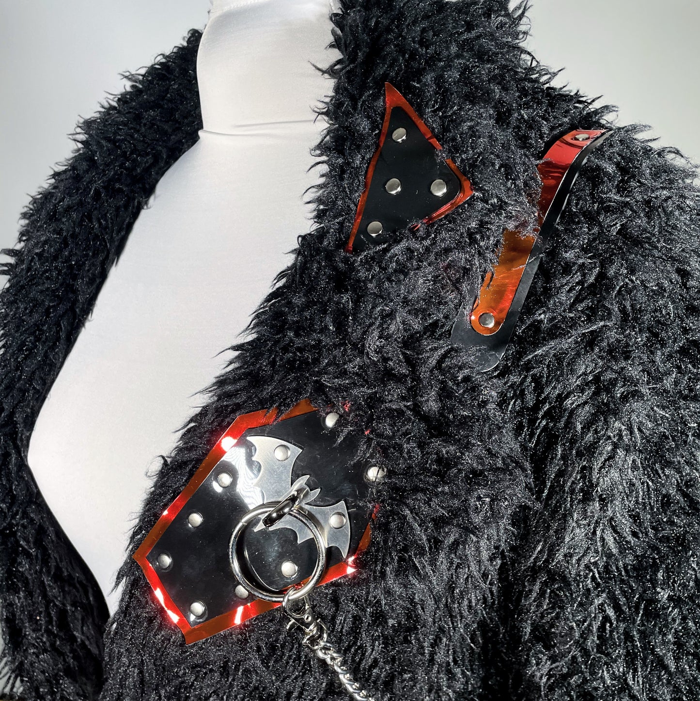 Black Faux Fur Coat w/ PVC Coffin with Stainless O-ring Bat and Removable Chain Harness
