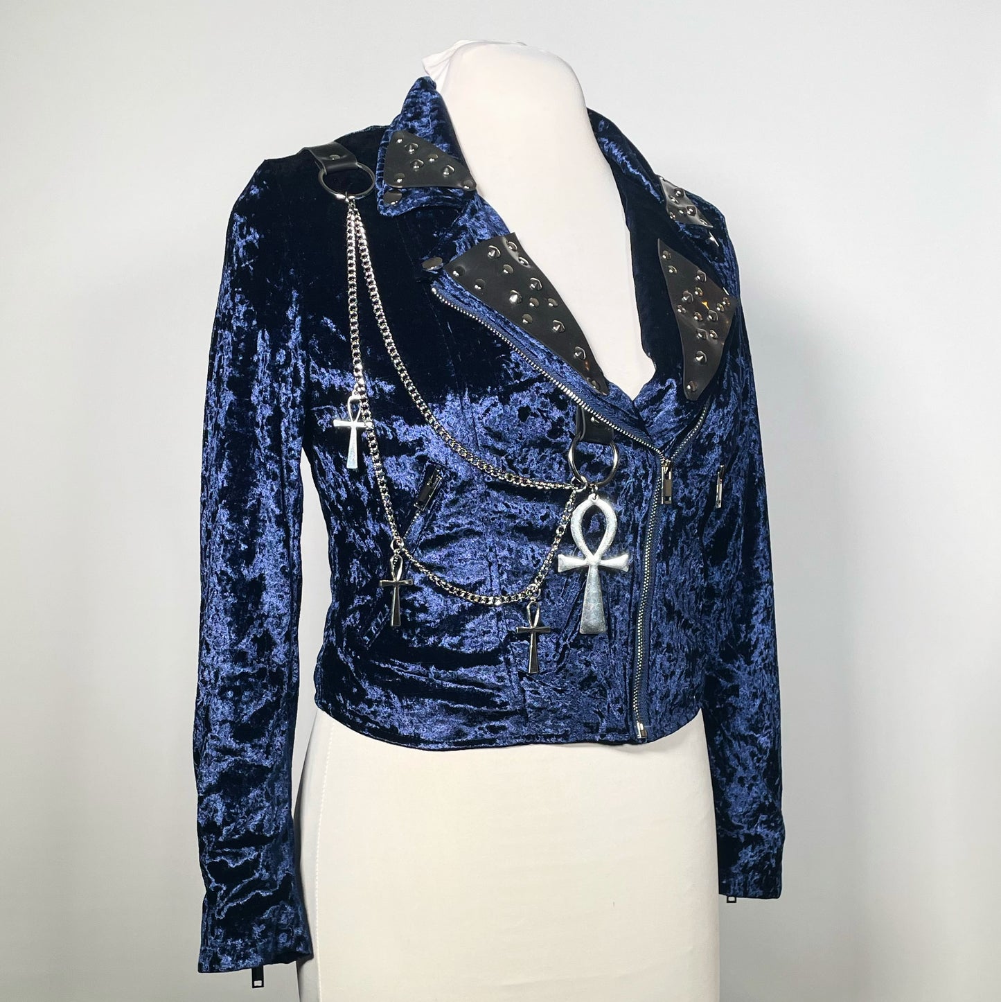 Blue Goth Crushed Velvet Moto with Rubber Studded Collar and Chains with Ankhs
