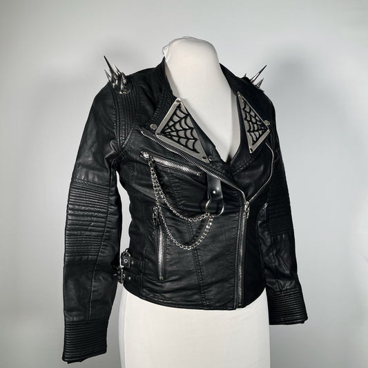 Black Pleather Moto with Metal Plating, PVC Spiderwebs, Spiked Shoulders and Chains