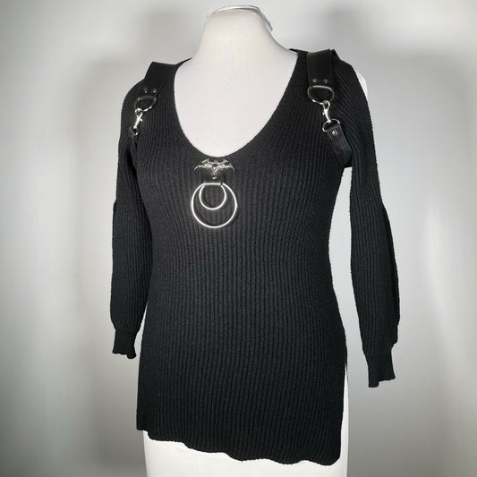 Black Goth Sweater with Bat O-ring, Shoulder Harness Straps and Open Sleeves