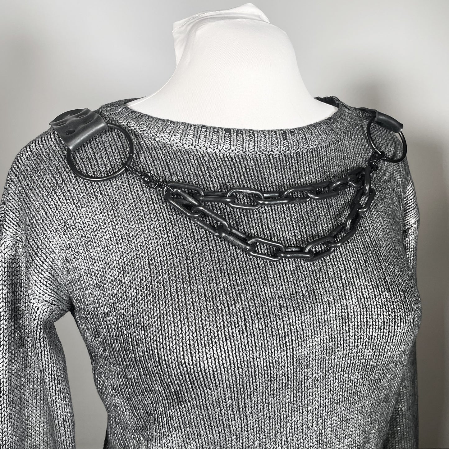 Metallic Silver Sweater with Black Chains