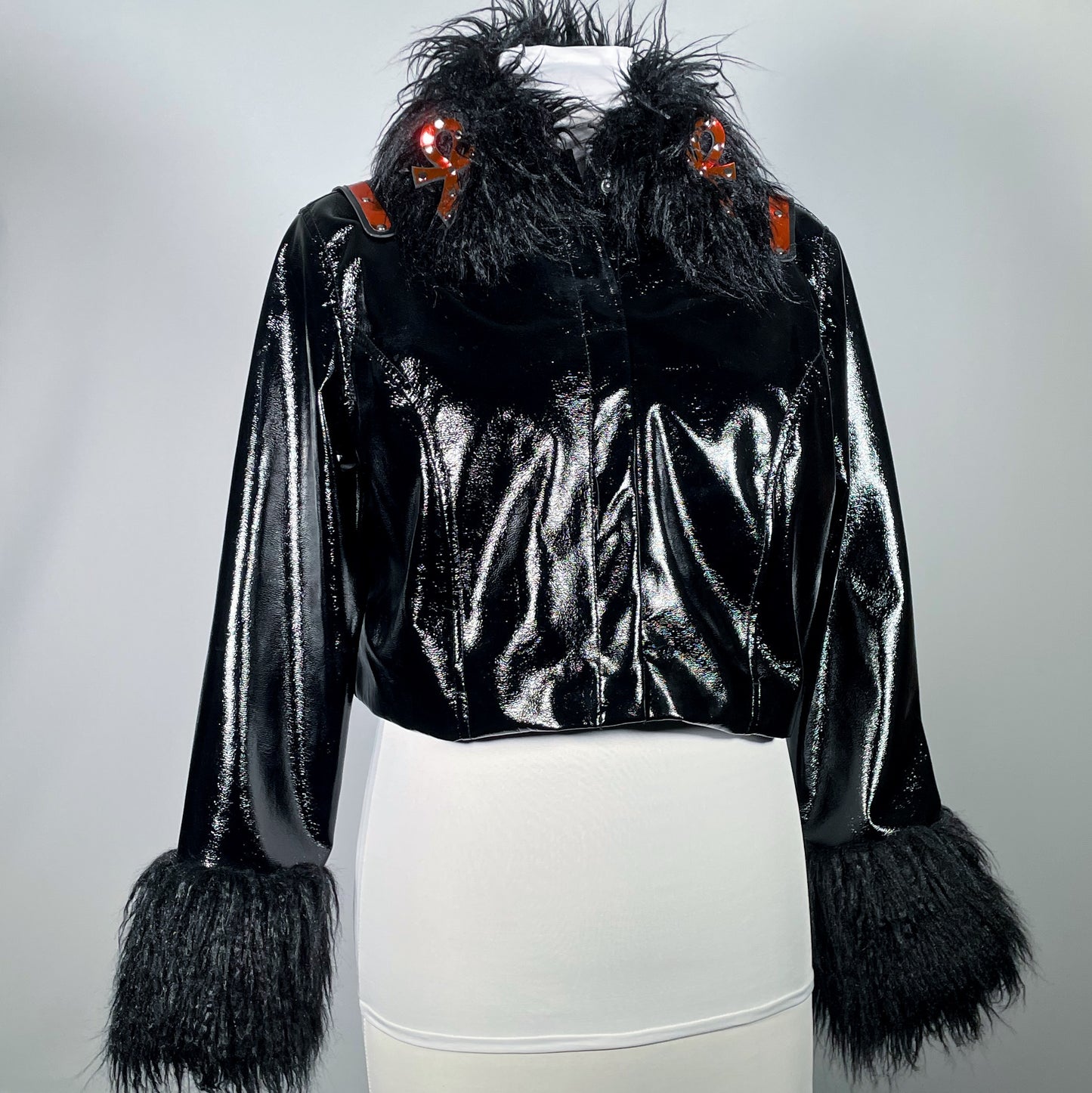 Black Vampire Ankh PVC Moto Jacket with Faux Fur