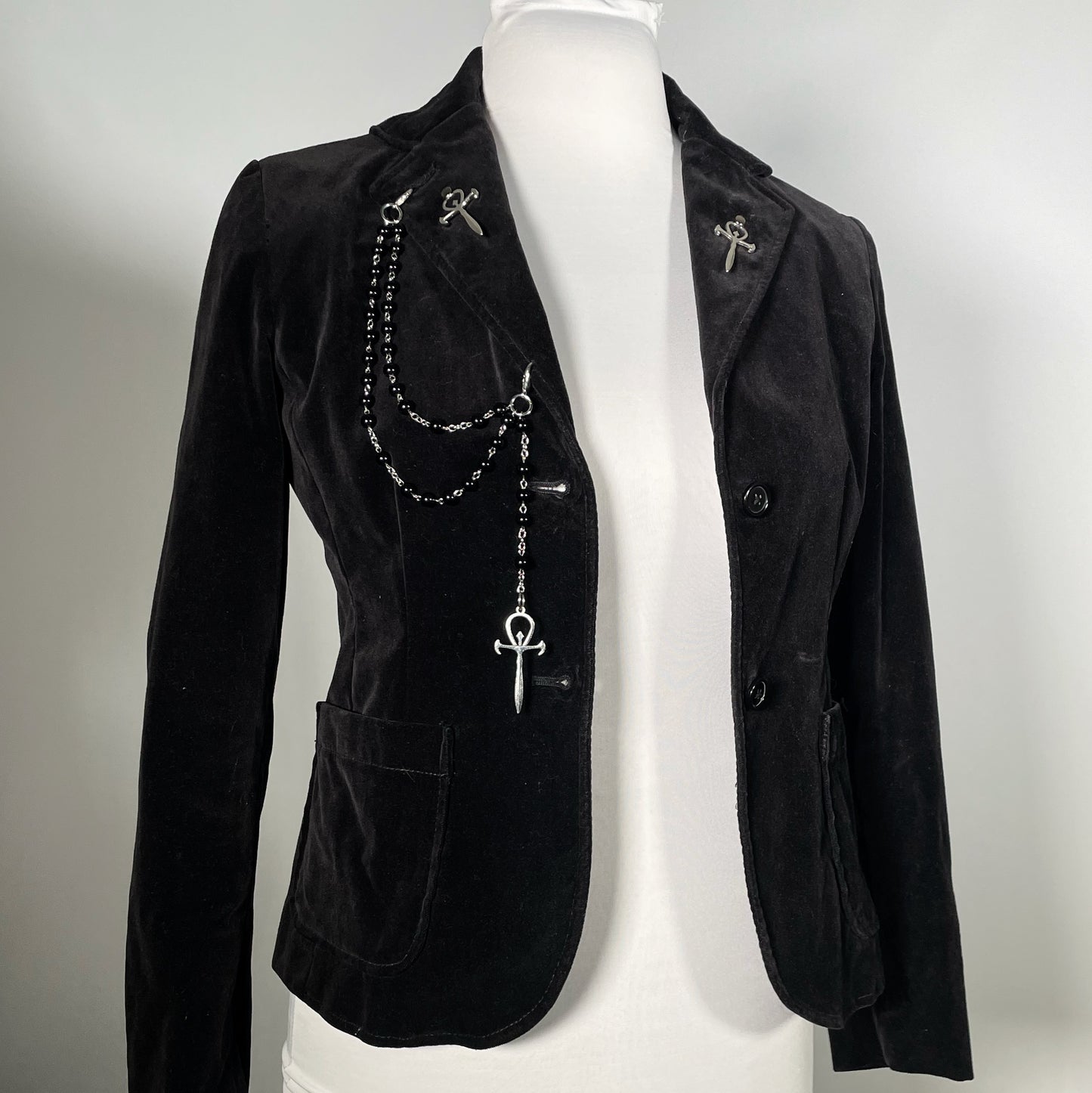 Black Velvet Blazer with Rosary Chain with Vampire Ankhs