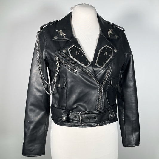 Black Pleather Moto Jacket with PVC/Metal Coffins, Bats and Removable Chains