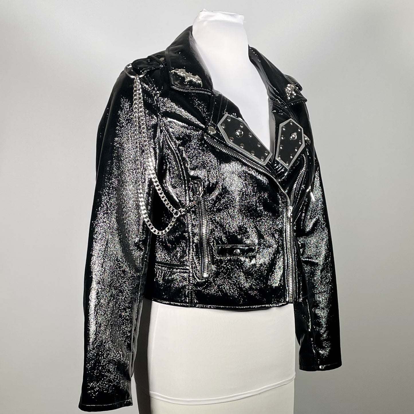 Black PVC Moto Jacket with Rubber/Metal Coffins, Bats and Removable Chains